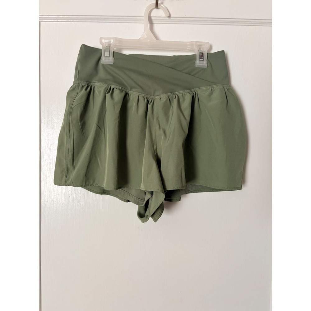 Happily Grey Women Sage Green Crossover Waist Athletic Shorts with Liner Large